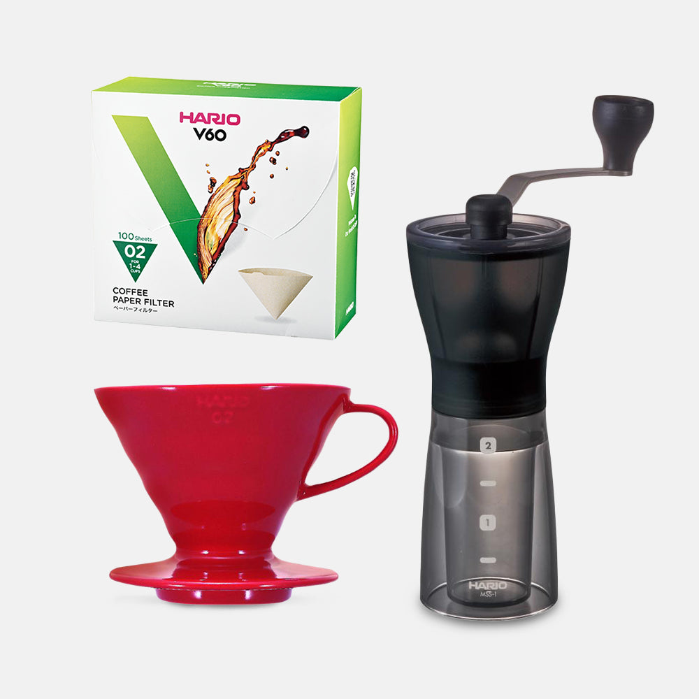 Hario Mini Mill Plus V60 Ceramic Starter Kit Size 02 (Red)